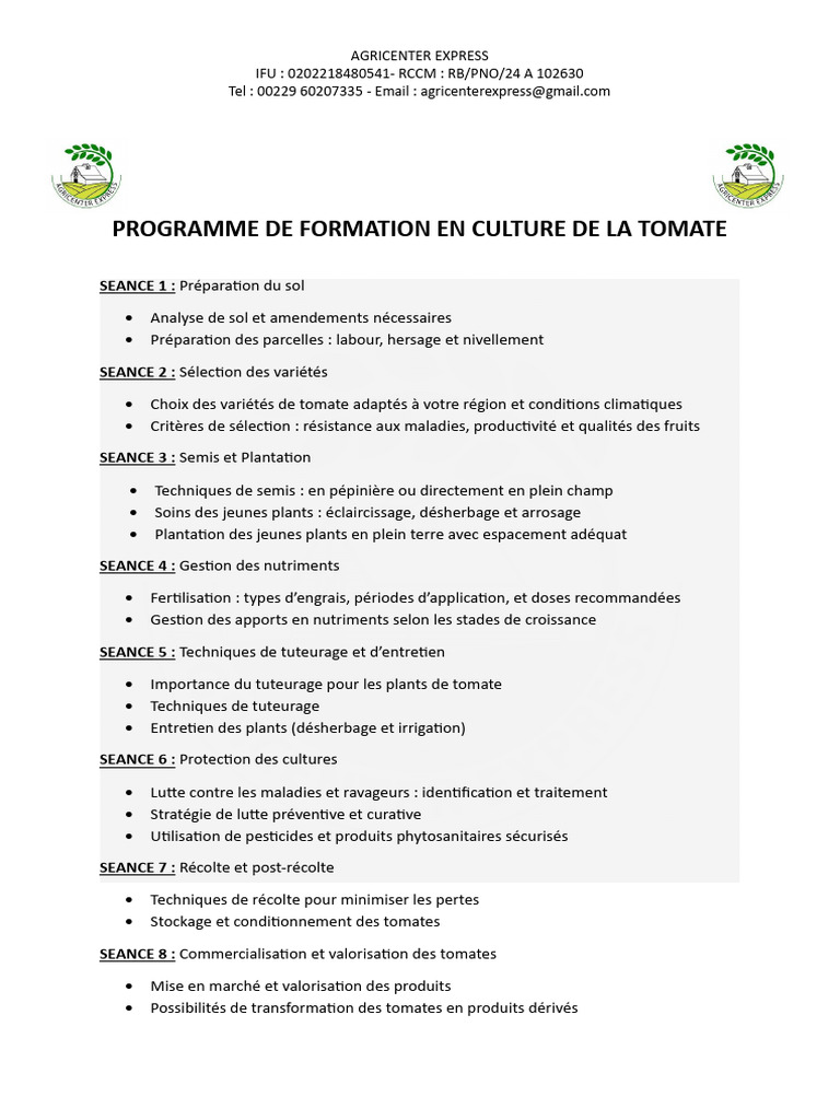 Programme de Formation - Tomate - Agricenter Express | PDF