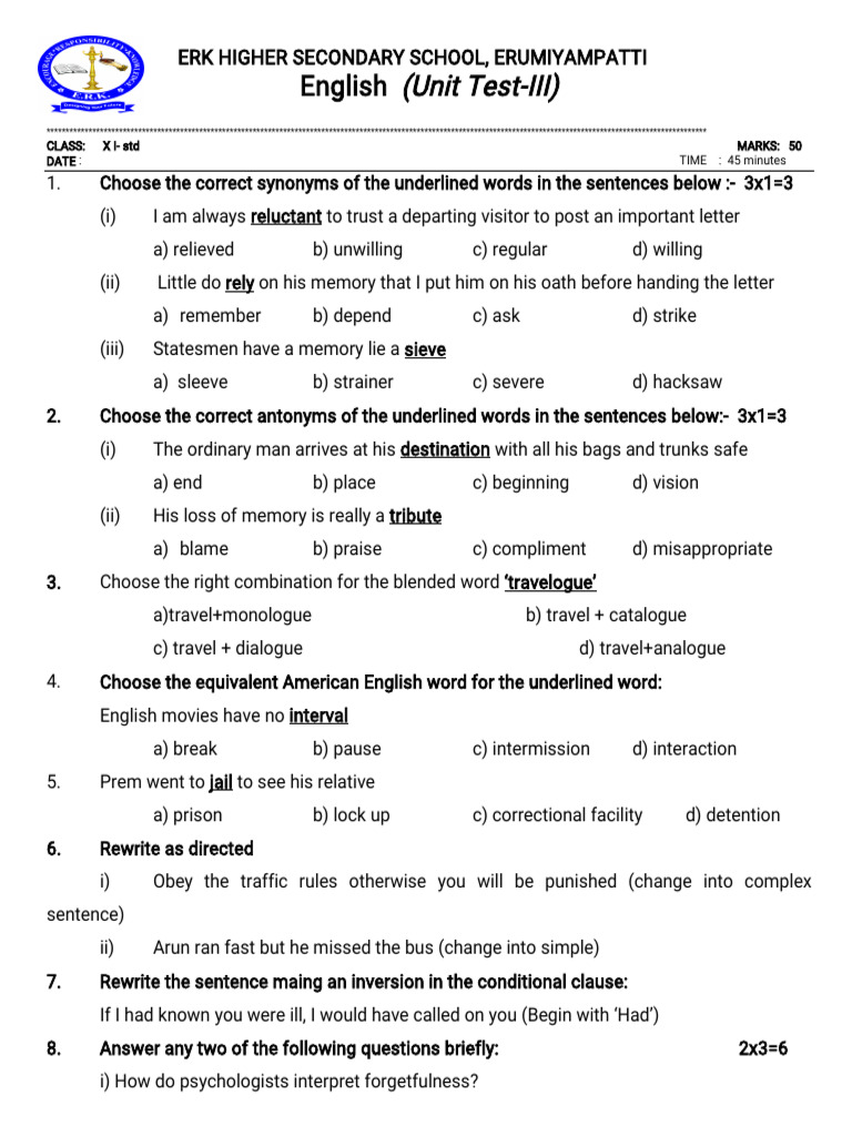 12th English Unit Test 3 Model Questions PDF Download | PDF