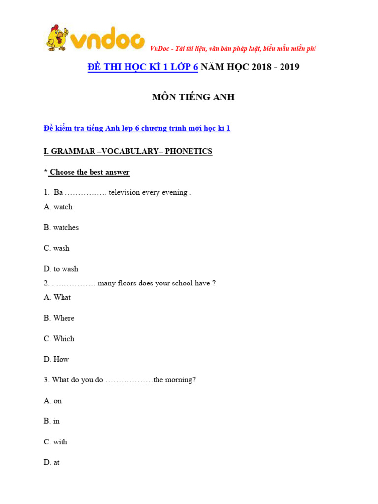 De Thi Hoc Ki 1 Mon Tieng Anh Lop 6 Nam Hoc 2018 2019 So 1 | PDF