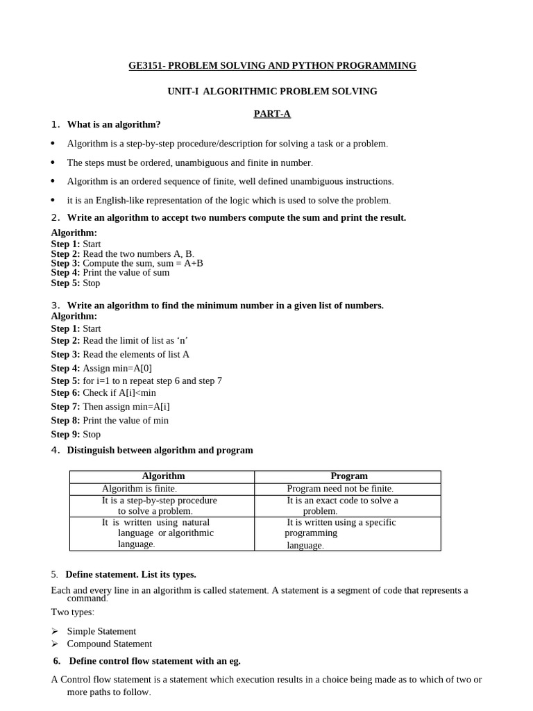 Problem Solving and Python Programming (2 Marks) PDF | PDF