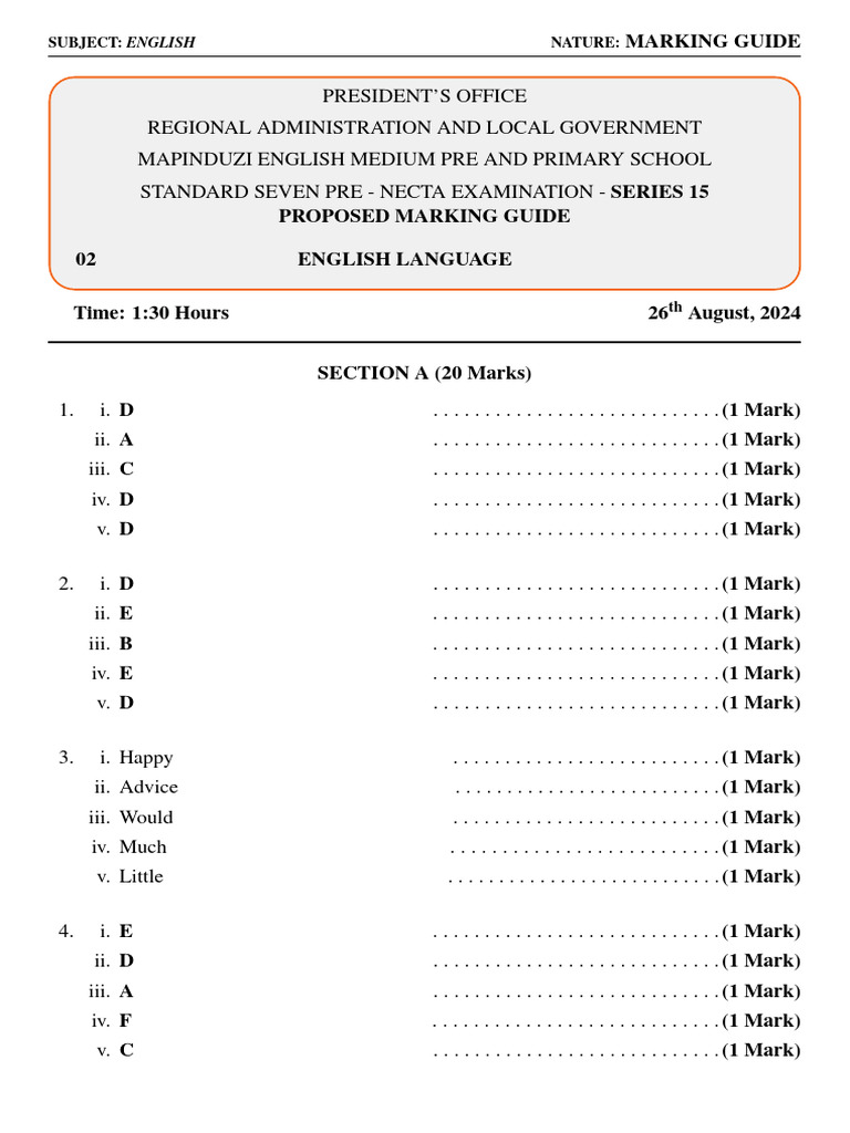 NECTA 2024 English Marking Guide | PDF