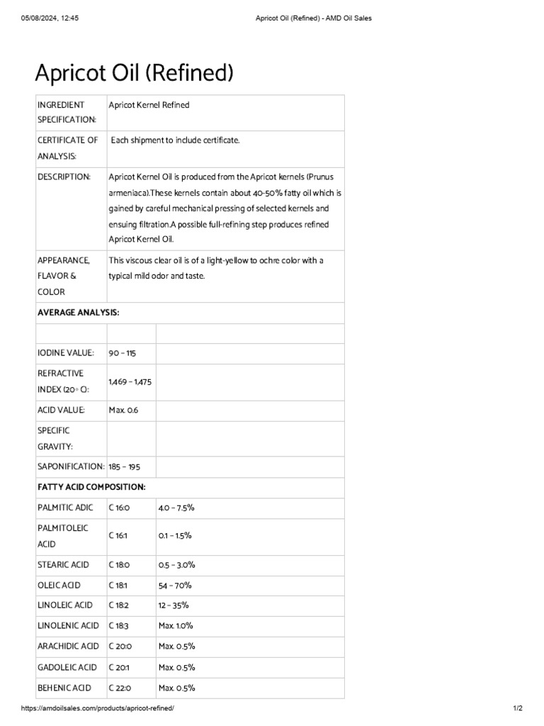 Apricot Oil (Refined) - AMD Oil Sales | PDF