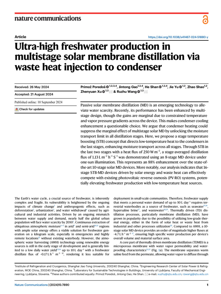Ultra-High Freshwater Production in Multistage Solar Membrane ...