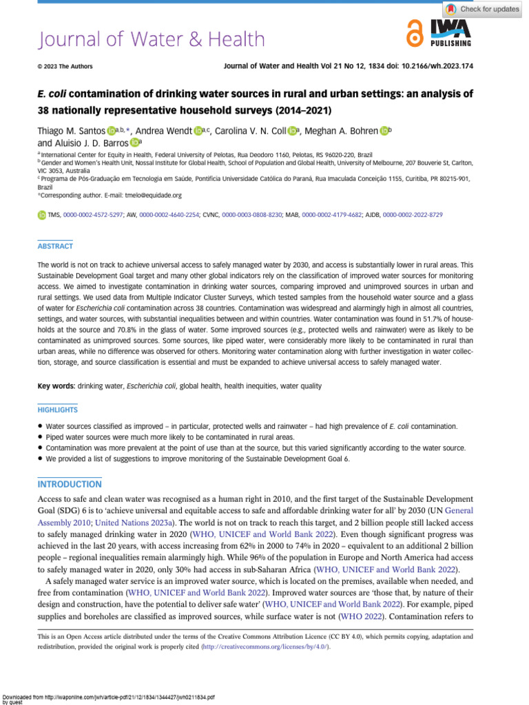 E. Coli Contamination of Drinking Water Sources in Rural and Urban ...