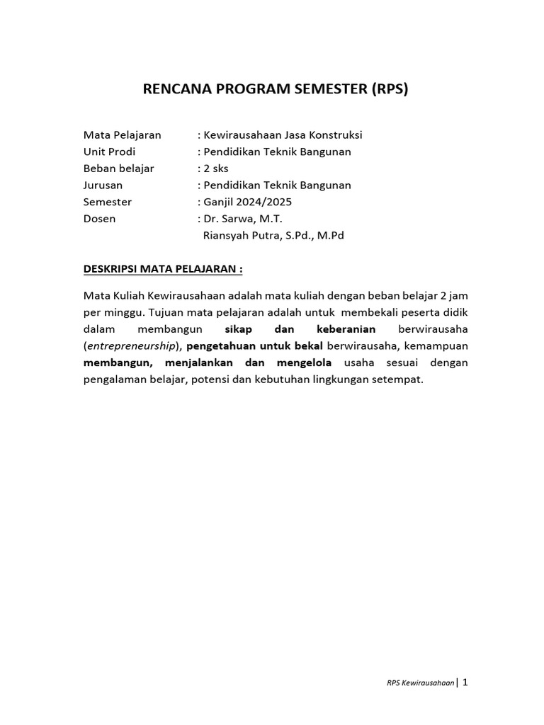 RPS Kewirausahaan | PDF