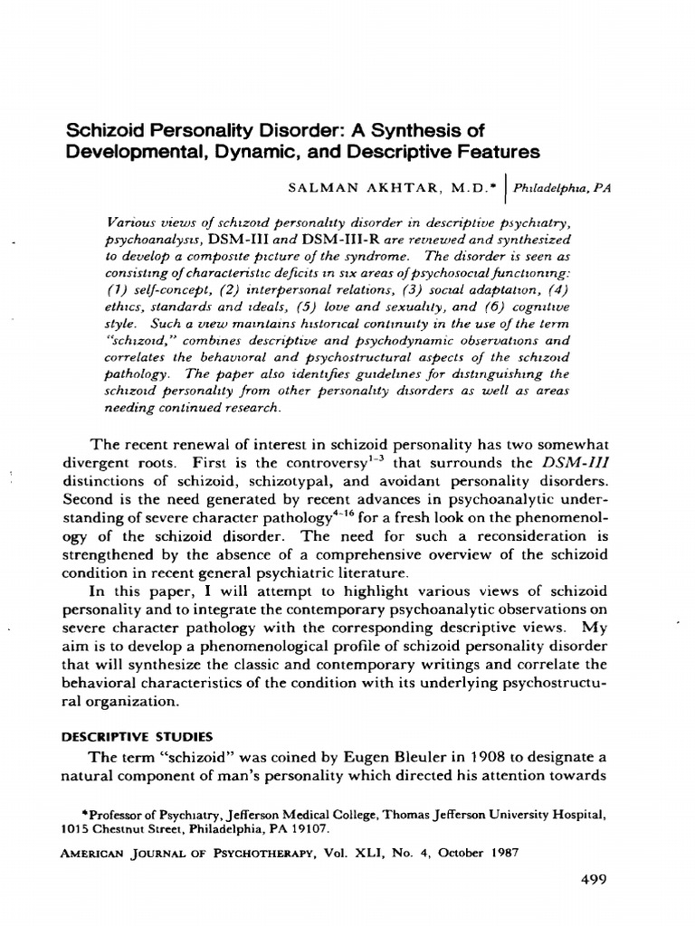 Akhtar 1987 Schizoid Personality Disorder | PDF