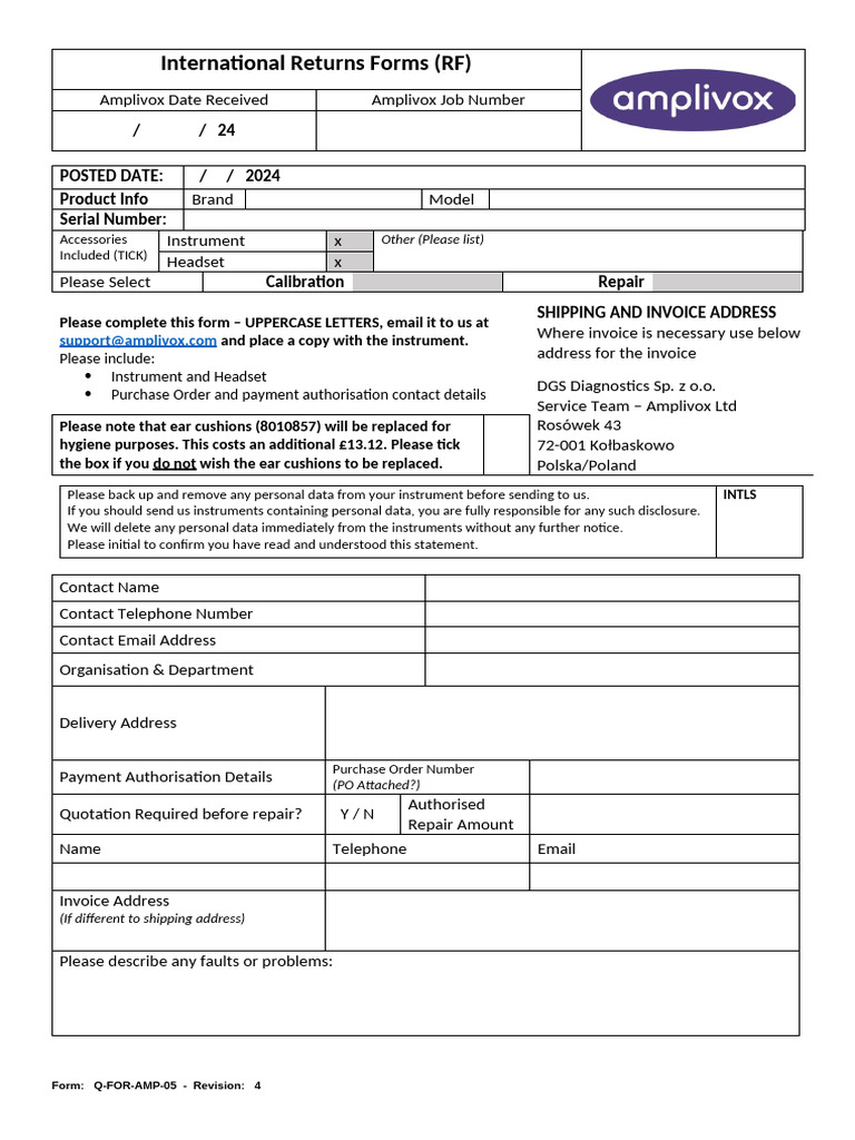 Amplivox International Returns Form | PDF
