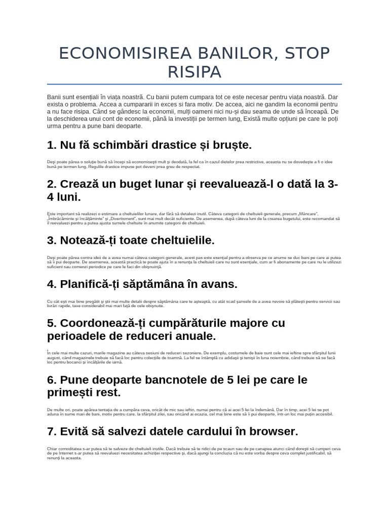 Economisirea Banilor, Stop Risipa | PDF