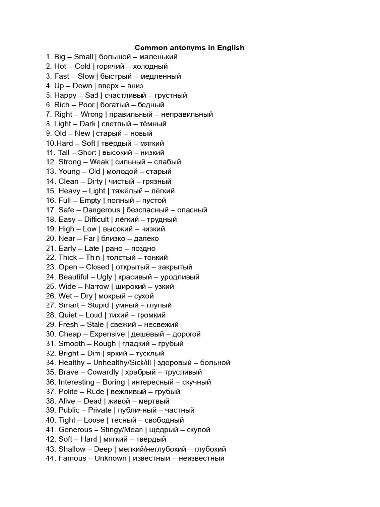 Common Antonyms in English | PDF