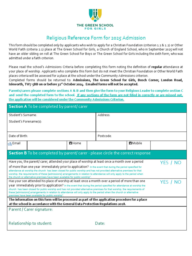 TGSG Religious Reference Form 2025 | PDF