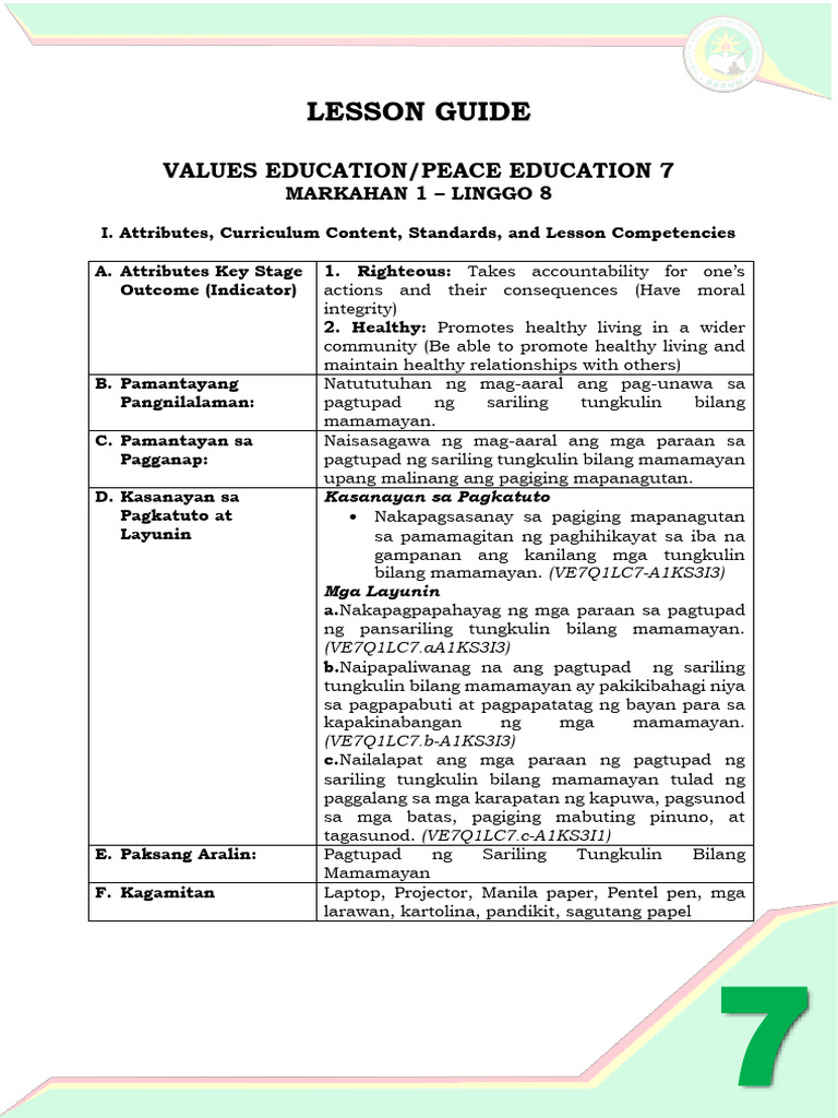 Lesson Guide: Values Education/Peace Education 7 | PDF