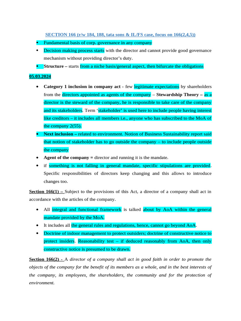 Company Law Notes 2 - Section 166 (1) Anushka | PDF