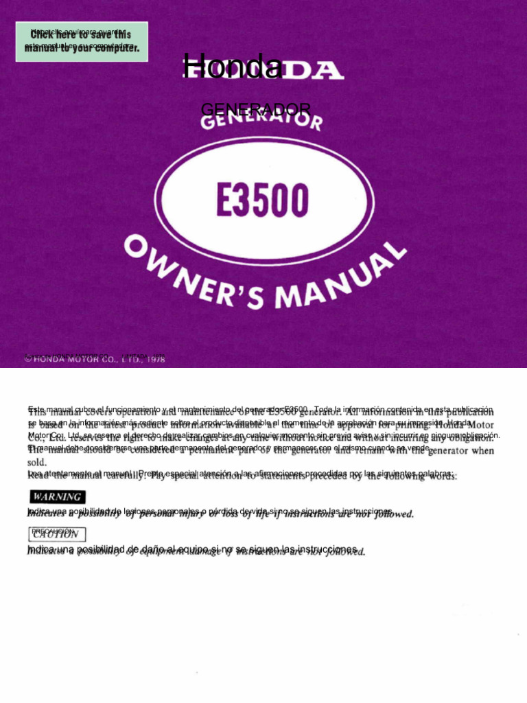 Manual Honda Power Equipment E3500 | PDF