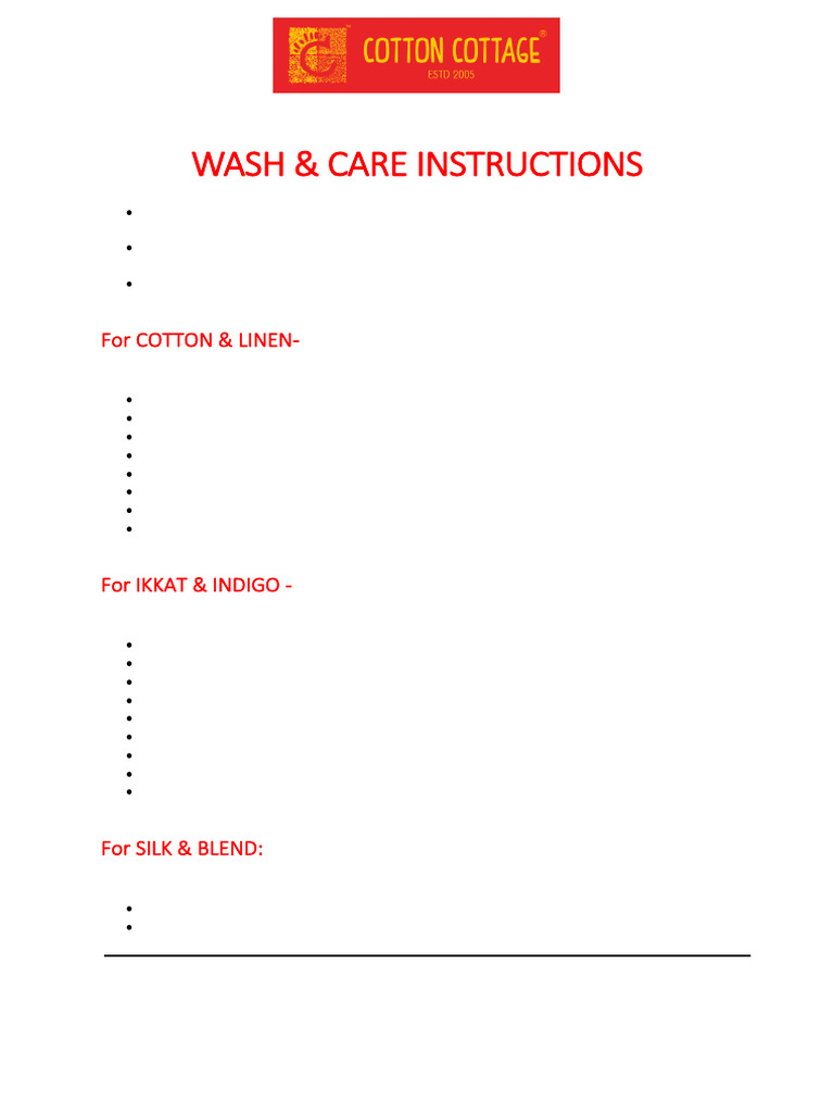 Cotton Cottage Wash Care Instructions | PDF