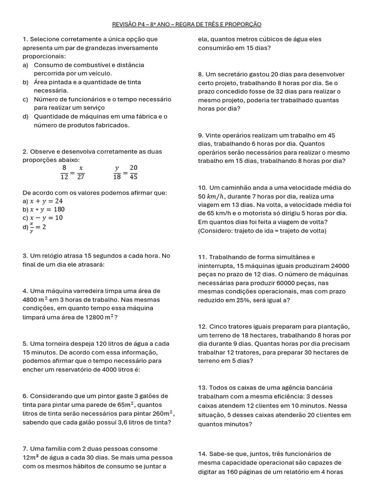 Revisão P4 - 8° Ano - Regra de Três e Proporção | PDF