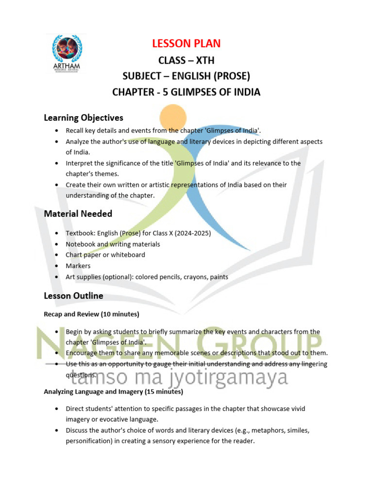 Class XTH Lesson Plan English (Prose) Chapter 5 Glimpses of India PDF
