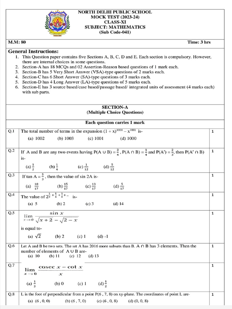 Xi Maths Mock Test | PDF