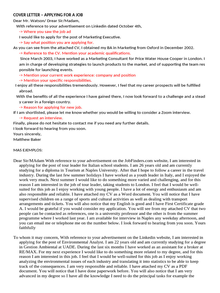 Cover Letter - Applying For A Job | PDF