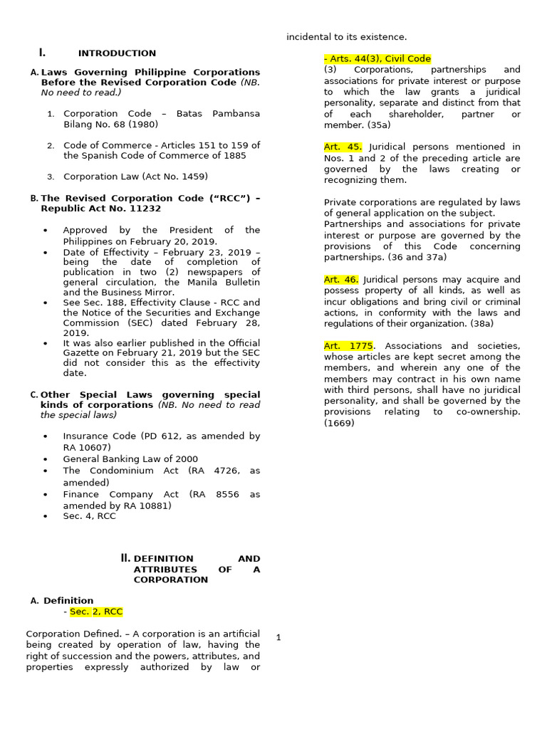 CORPORATION Notes OutlineRUNNING | PDF