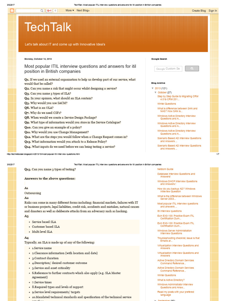 ITIL Interview Questions for UK Roles | PDF | Service Level Agreement ...
