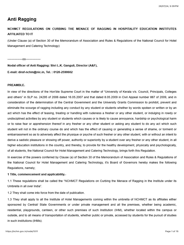 Anti Ragging - NCHMCT | PDF