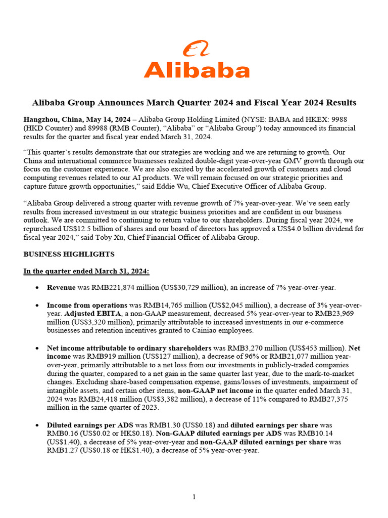 Alibaba Group Announces March Quarter 2024 and Fiscal Year 2024 Results |  PDF | Goodwill (Accounting) | Finance & Money Management