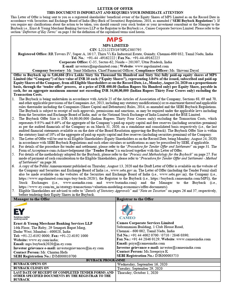 Mps Limited Letter of Offer | PDF
