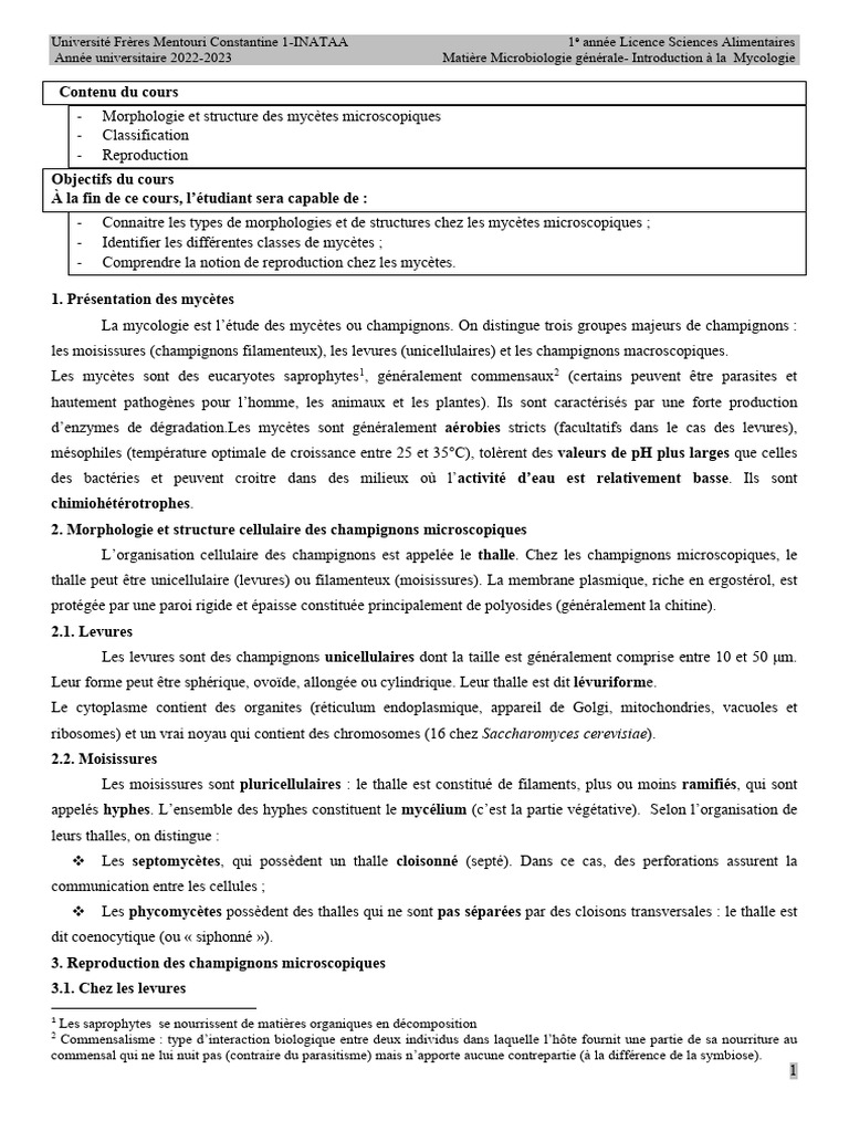 Cours de Microbiologie Générale-Mycologie Générale | PDF