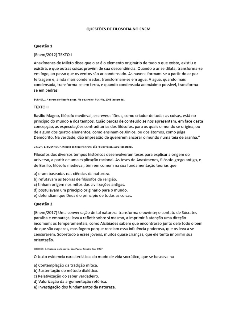 QUESTÕES DO ENEM DE FILOSOFIA Sem Resposta | PDF