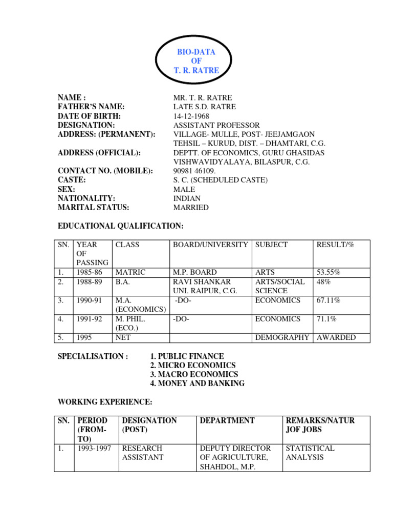Bio-Data of Mr. T.r.ratre | PDF