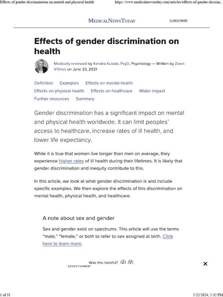 Effects of Gender Discrimination On Mental and Physical Health | PDF