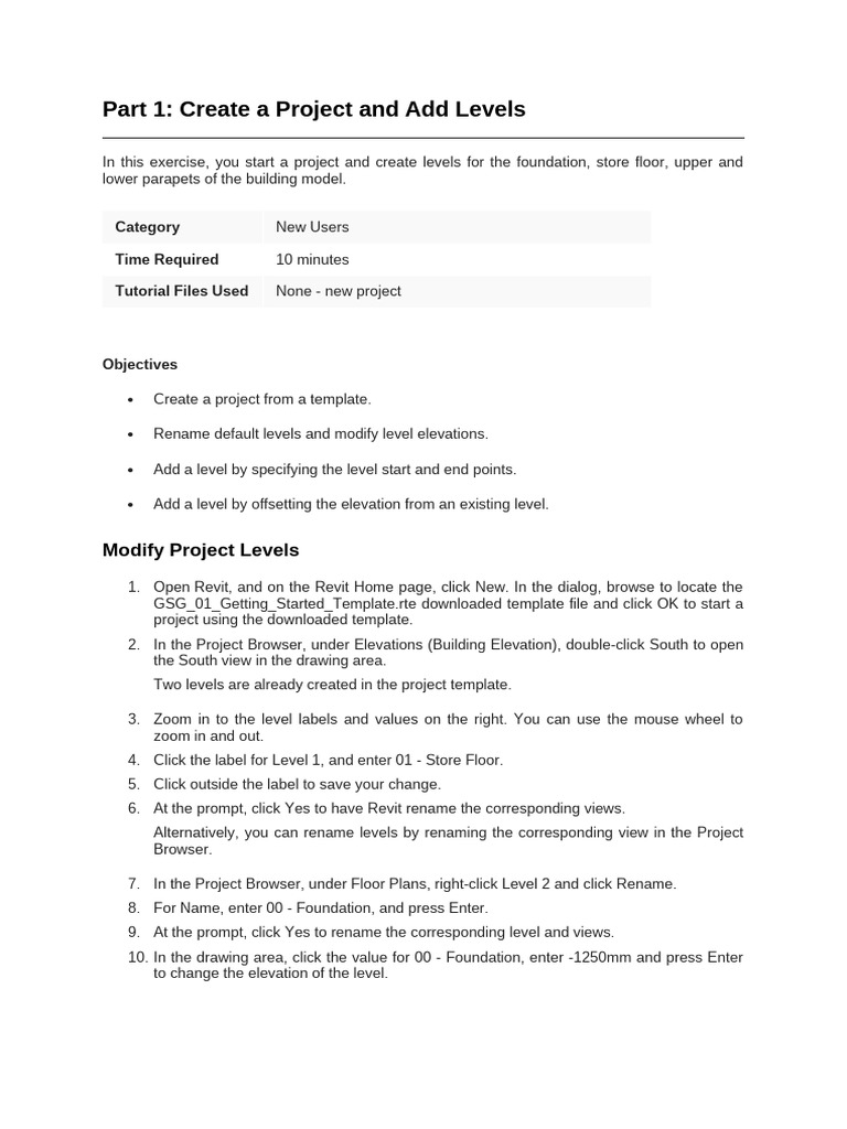 Part 1 Create A Project and Add Levels | PDF