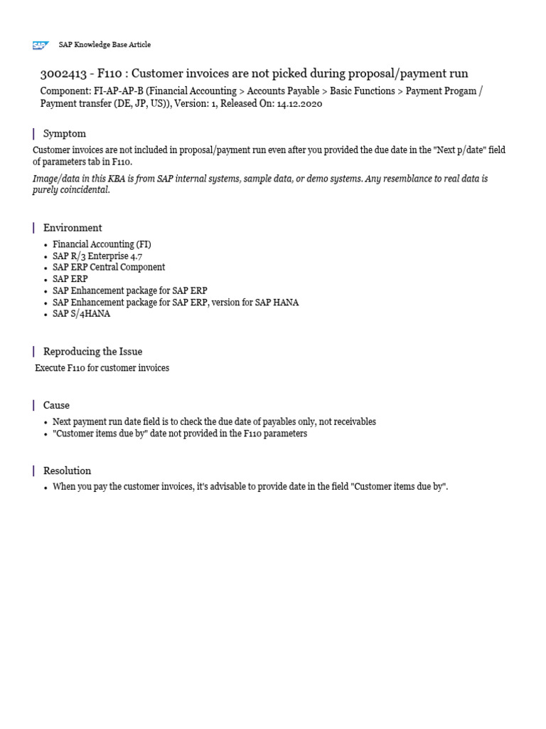 F110: Customer Invoices Are Not Picked During Proposal/payment Run | PDF