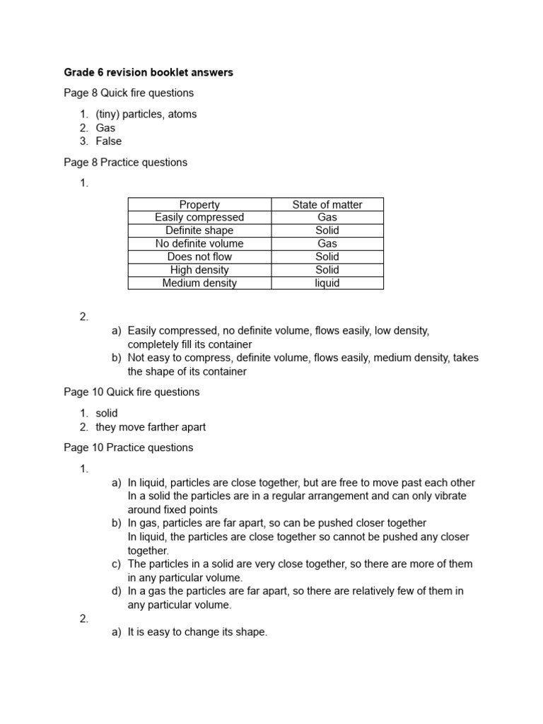 Grade 6 Revision Booklet Answers | PDF