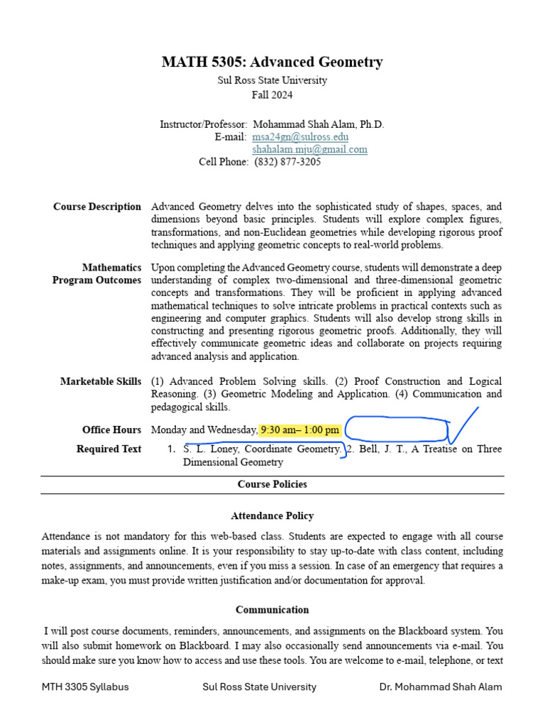 Syllabus MATH 5305 Advanced Geometry With Dates | PDF