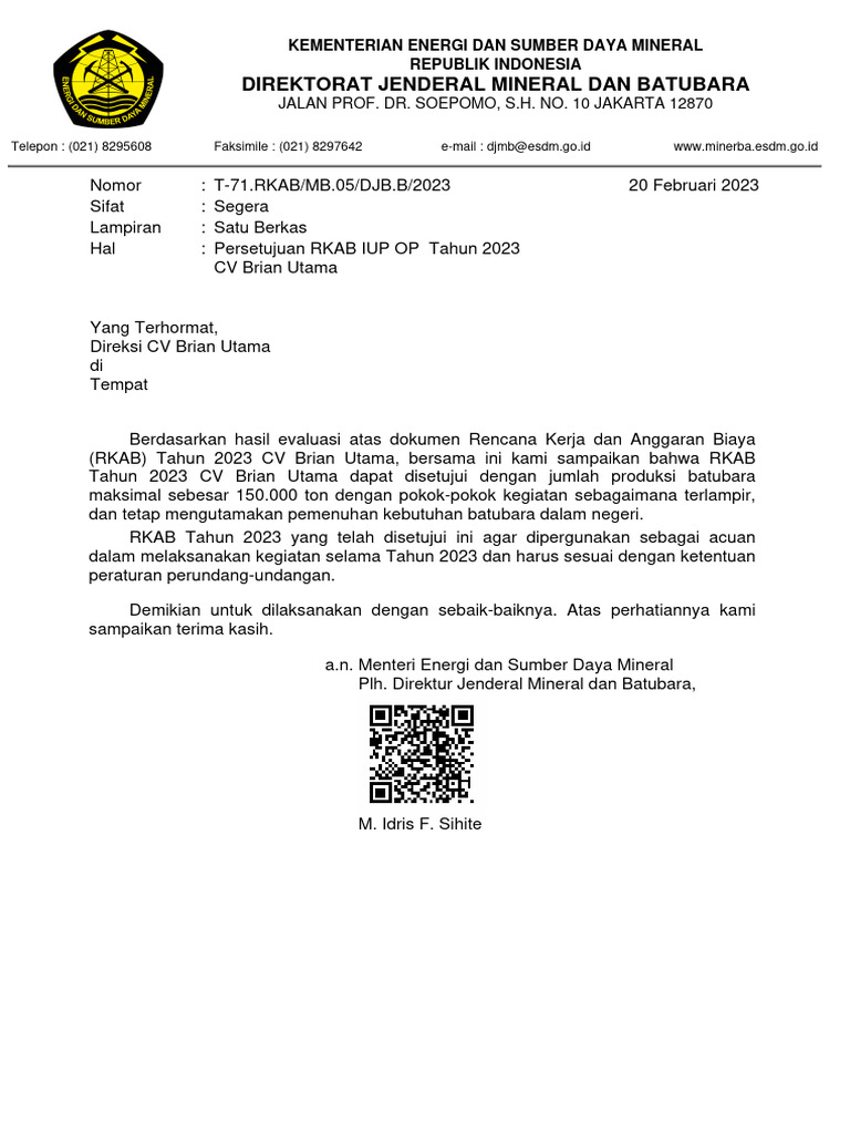 RKAB of CV Brian Utama | PDF