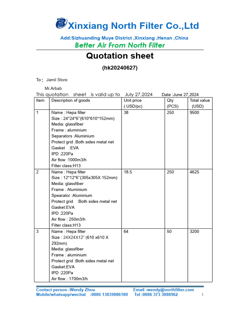 Quotation Sheet For630pcs Hepa Filter | PDF