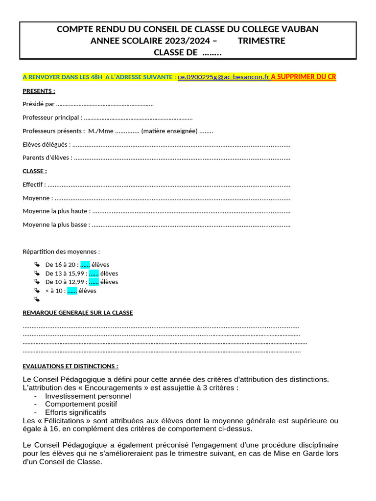 Compte Rendu Du Conseil de Classe Du College Vauban