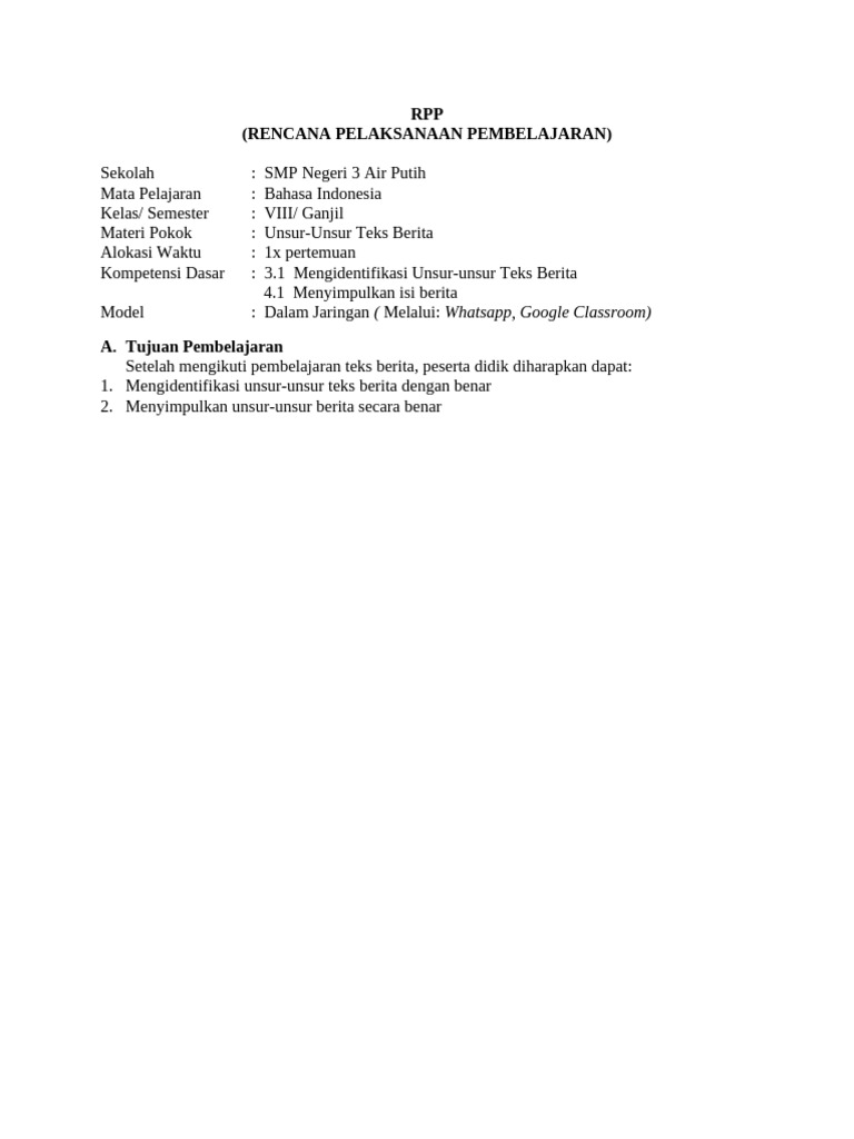 Rpp rencana pelaksanaan pembelajaran whatsapp google classroom pdf