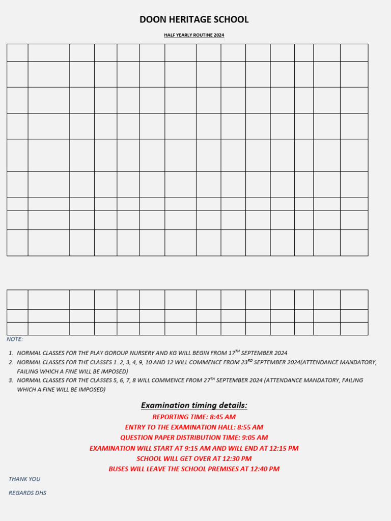 Doon School Half Yearly Routine 2024 | PDF