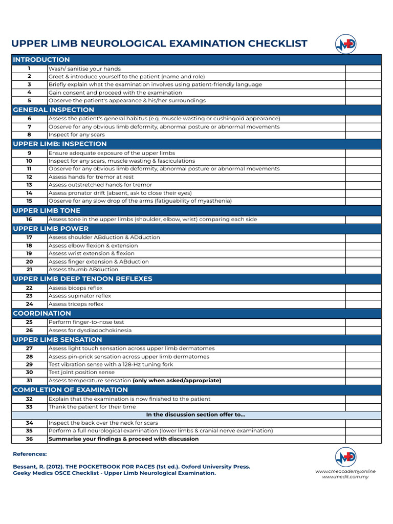 Upper Limb Neurological Examination Checklist | PDF