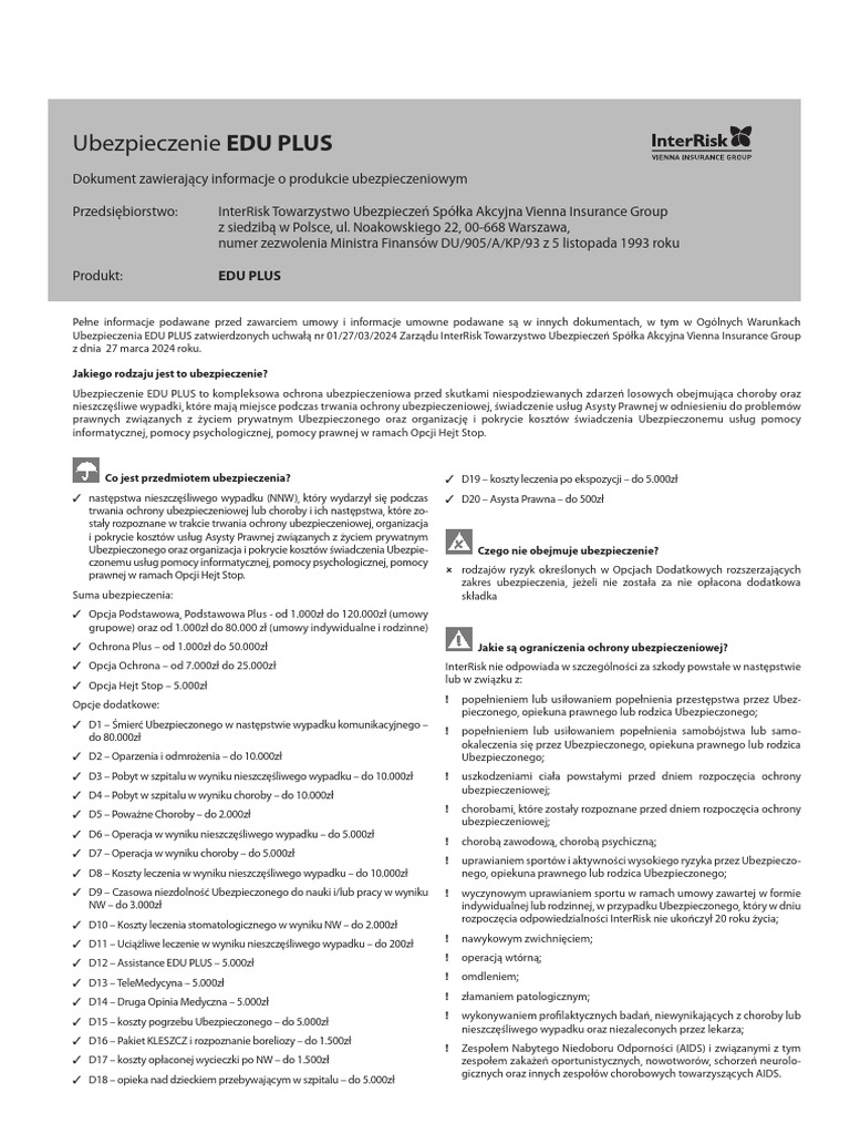 OgÃ Lne - Warunki - Ubezpieczenia - EDU - PLUS 2 | PDF