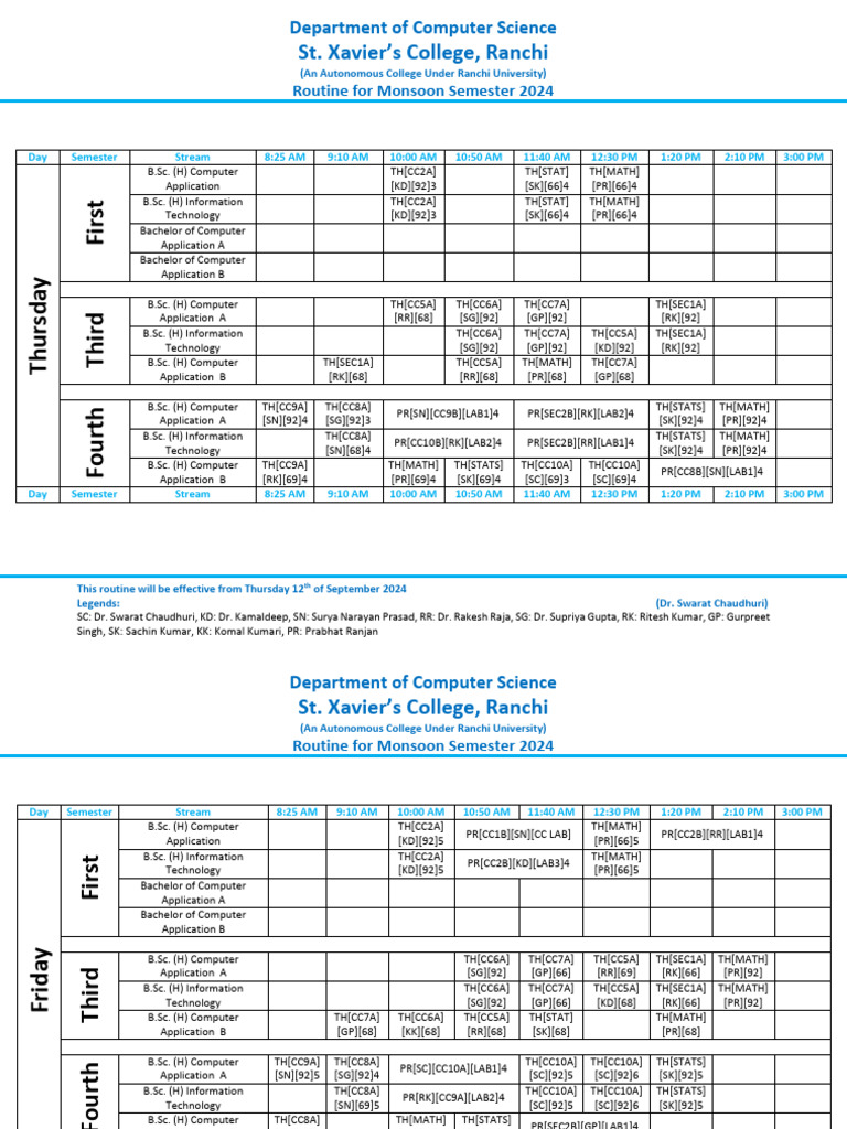 Routine For Monsoon Semester 2024 W.E.F 12.09.2024 | PDF
