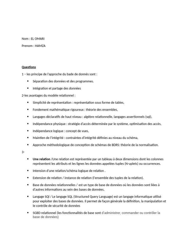 TD 1 Base de Donnes | PDF