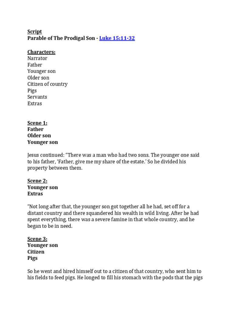 Script Parable of The Prodigal Son - Characters:: Luke 15:11-32 | PDF