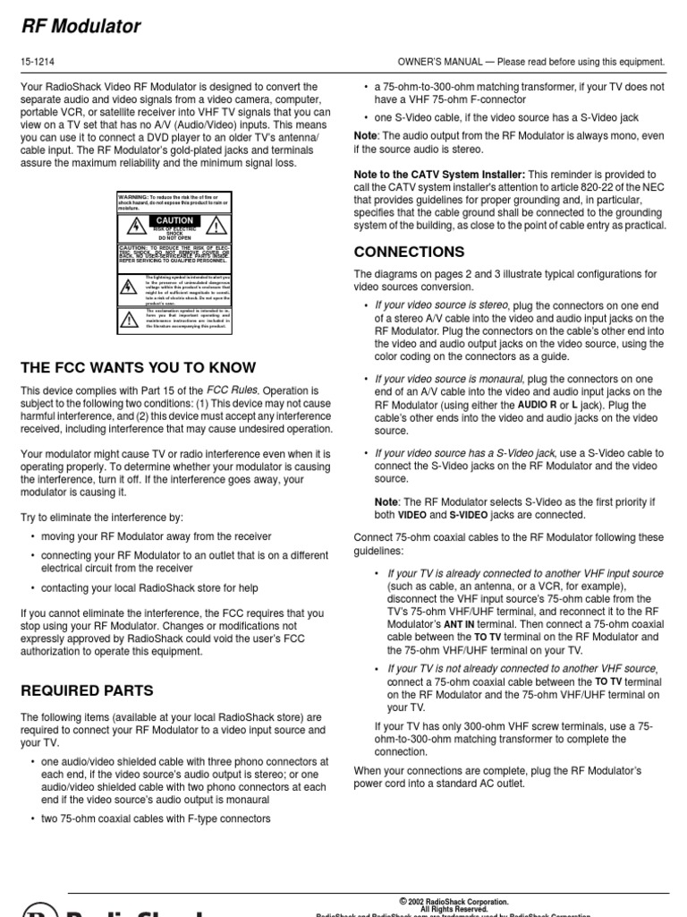 Radio Shack 151214 RF Modulator PDF Cable Television