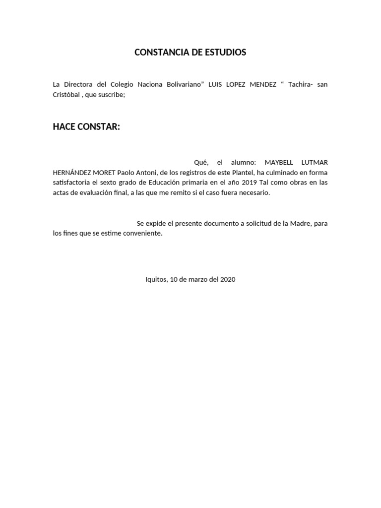Modelo Constancia de Estudios | PDF