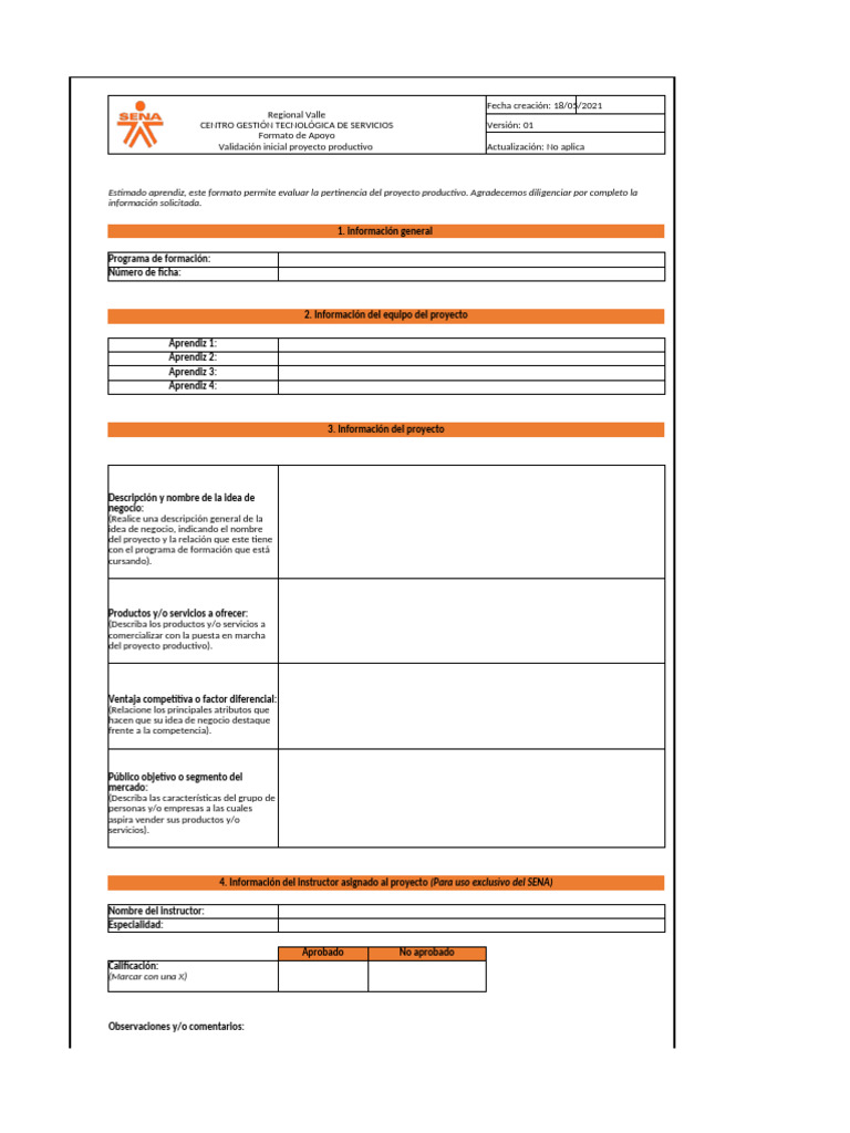 Formato Validación Inicial Proyecto Productivo ORIGINAL | PDF
