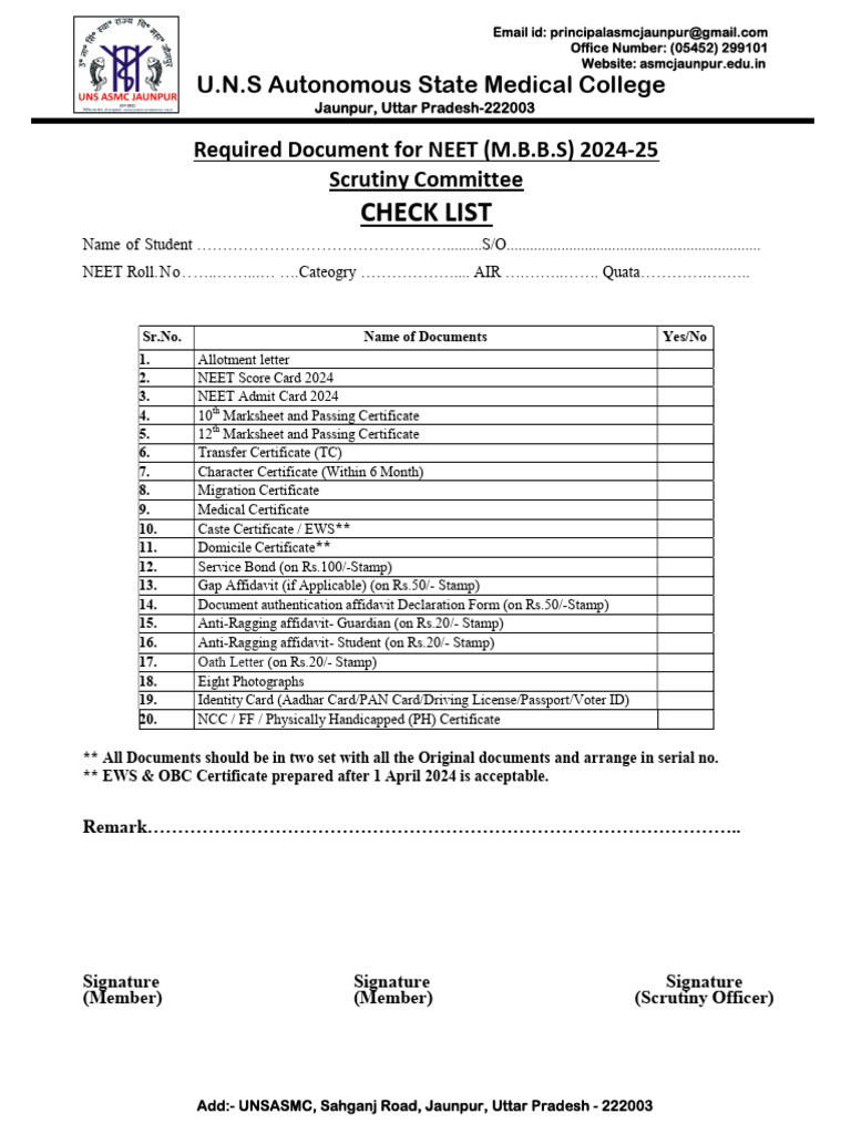 NEET 2024-25 Admission Document Checklist | PDF | Identity Document ...