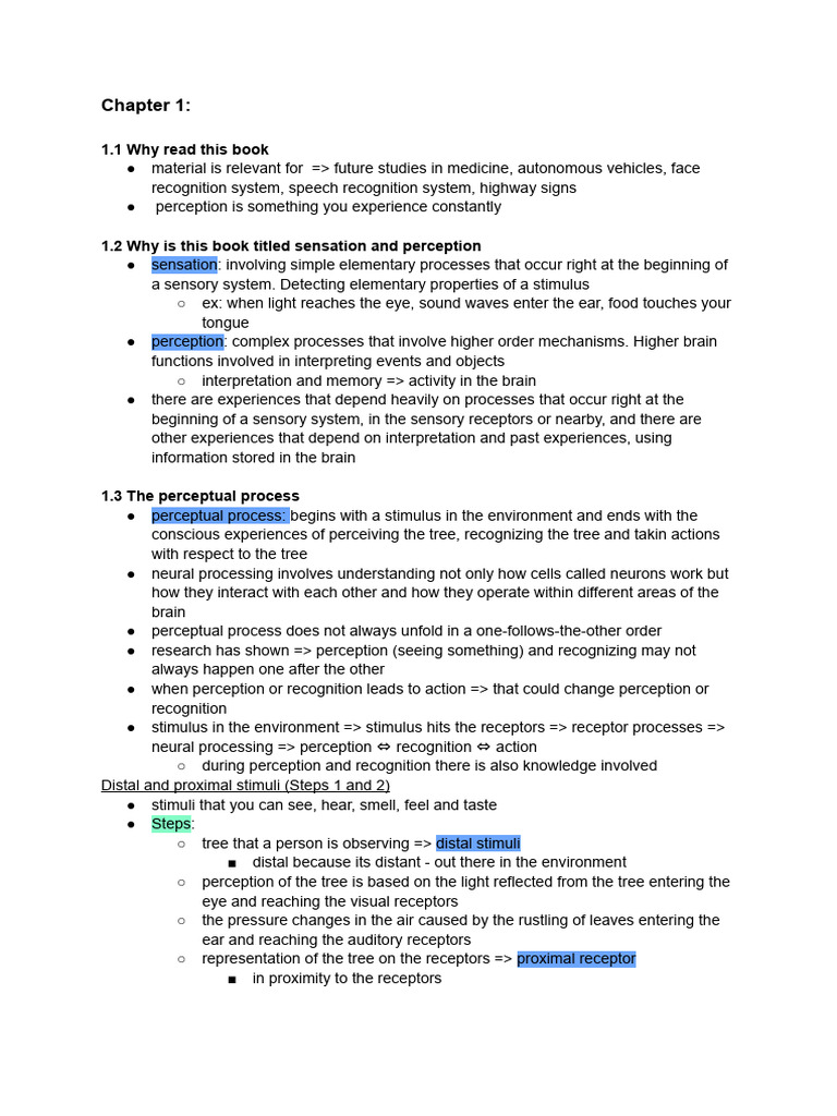 Notes Chapter 1 and 2 of Sensation and Perception | PDF | Action ...